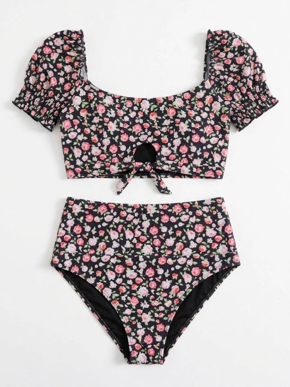 SHEIN Black Floral Puff Sleeve High-Waist Bikini Set